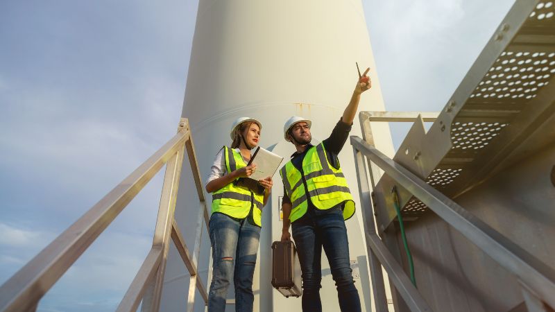 Frau und Mann mit Warnwesten und Schutzhelmen auf einer Plattform vor einer Windkraftanlage