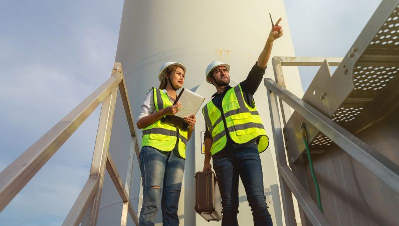 Frau und Mann in Sicherheitswesten und Schutzhelmen vor einer Windkraftanlage